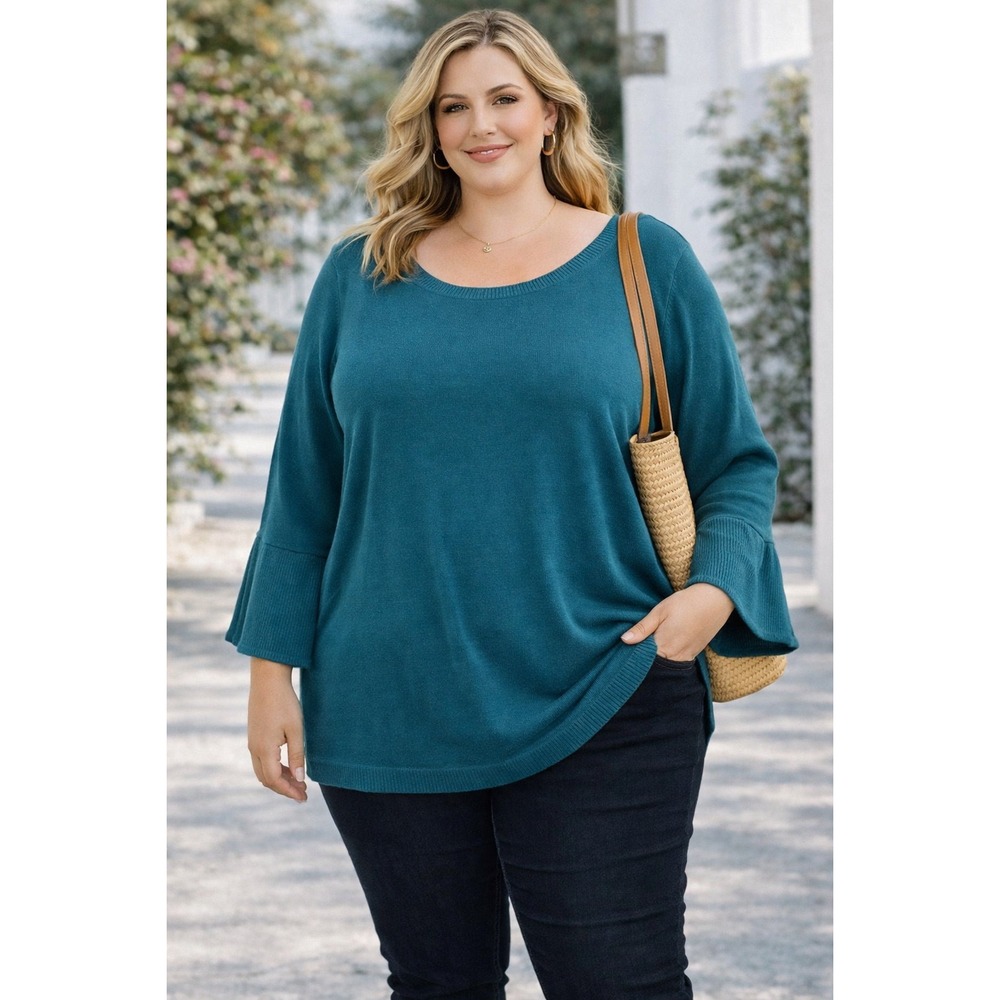 Lane Bryant Teal Blue Bell Sleeve Scoop Neck Knit Sweater Top Womens 26/28 NEW
